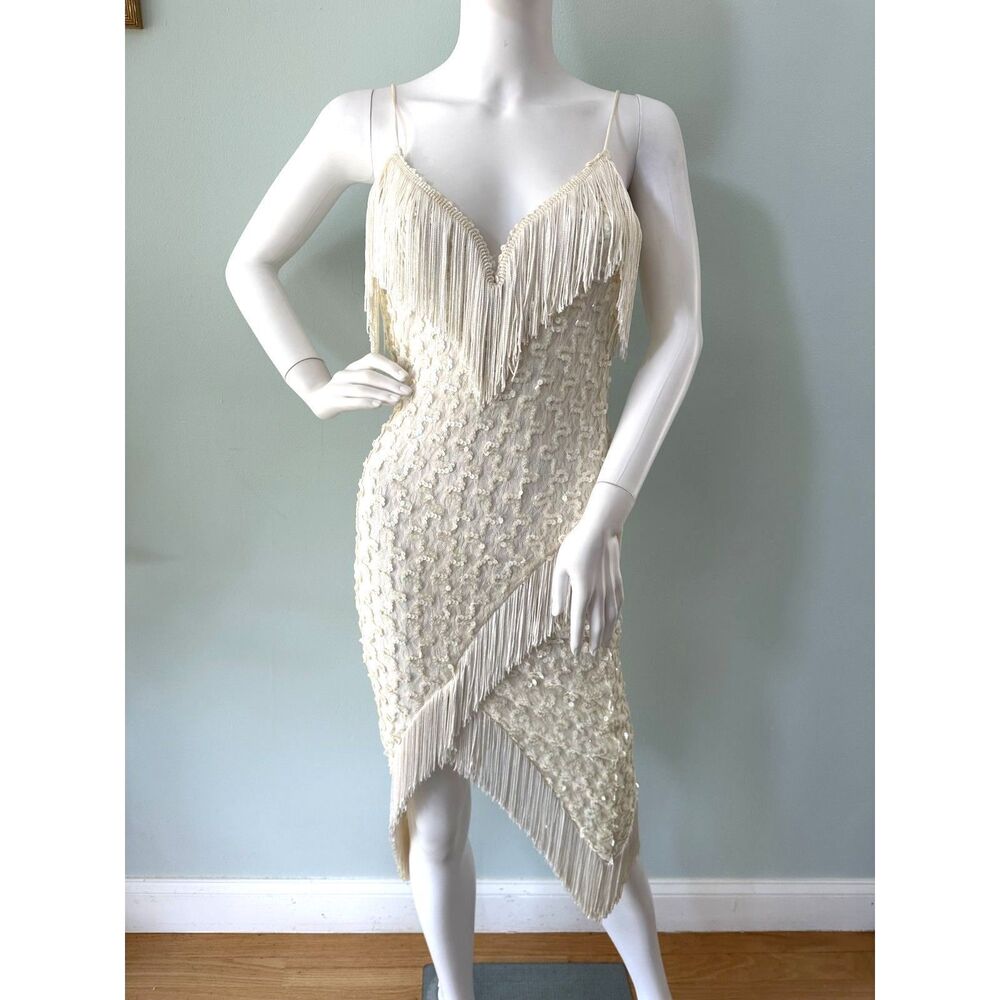 Vintage Sequin Fringe Slip Dress size 6 Ivory Cream V Neck Asymmetrical Flapper